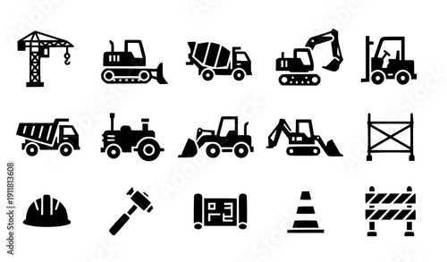 Heavy Machinery and Construction Solid Icon Pack – Trucks, Cranes, Bulldozers, and Industrial Vehicles