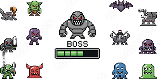 Collection of various menacing pixel art video game monsters and enemy sprites surrounding a central imposing rock boss character with a health bar display