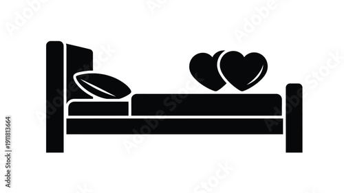 A black silhouette of a bed with hearts simple design silhouette