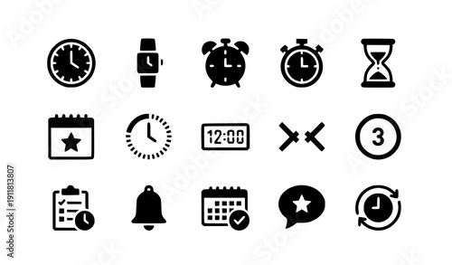 Time Management and Scheduling Solid Icons – Clocks, Stopwatch, Alarm, and Calendar Symbols