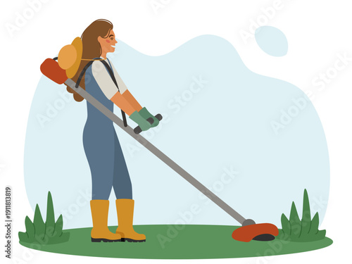 Young woman mows the lawn with a trimmer. Vector illustration on a gardening theme.