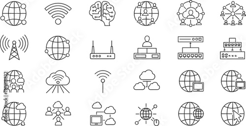 Network and internet connectivity line icons set with wifi, cloud computing and global communication symbols
