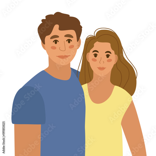 Young woman and her husband stand next to each other. Smiling married couple. Vector illustration.