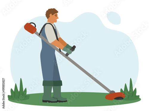 Young man mowing a lawn with a trimmer. Vector illustration on a gardening theme.