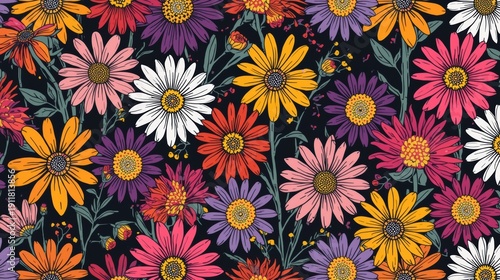 Vibrant floral pattern featuring colorful daisy-like blooms in a rich dark background