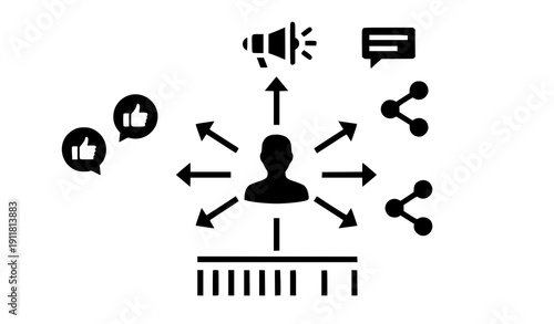 Network Outreach and Influence Marketing Solid Icon – Person with Arrows and Message Flow