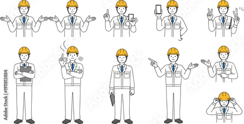 Construction worker character set with engineer wearing helmet showing different gestures line art vector illustration