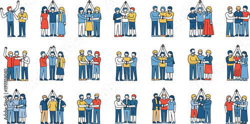 Teamwork and collaboration character set with diverse people joining hands and celebrating unity vector illustration