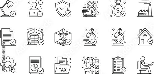 Quality assurance and certification line icons set with security, inspection and approval symbolsQuality assurance and certification line icons set with security, inspection and approval symbols