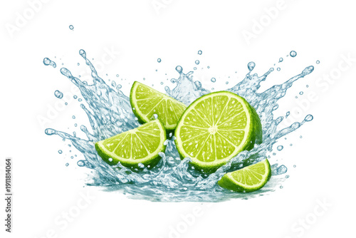 Lime slices and whole lime splashing in water