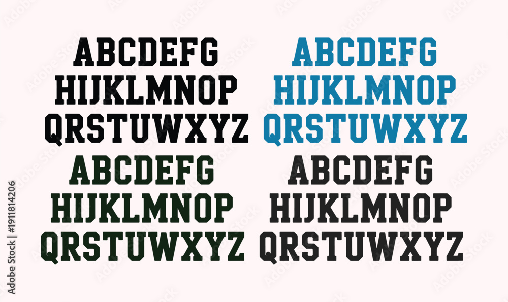 Obraz premium Complete Varsity Alphabet Typography Set Featuring Collegiate Block Lettering in Black, Blue, and Dark Green for Sports Team Branding and Athletic Apparel