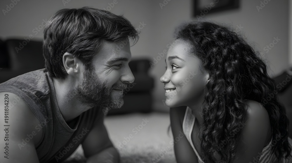 Fototapeta premium A father and daughter sharing a loving glance and smile at home