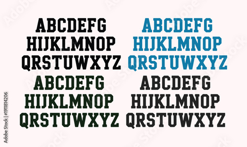 Complete Varsity Alphabet Typography Set Featuring Collegiate Block Lettering in Black, Blue, and Dark Green for Sports Team Branding and Athletic Apparel