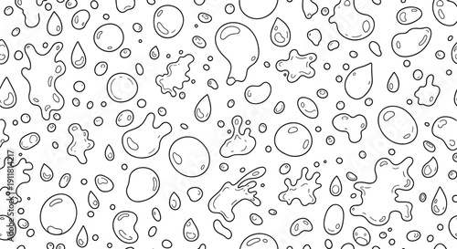 Water droplets seamless pattern with liquid splash and bubble shapes line art vector illustrationWater droplets seamless pattern with liquid splash and bubble shapes line art vector illustration