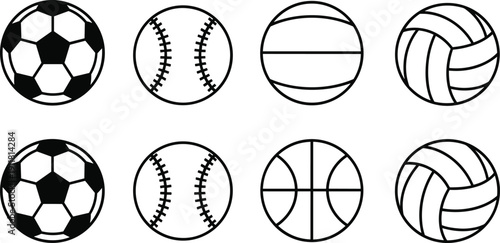 Sports balls icons set including soccer baseball basketball volleyball equipment outline vector illustration collection