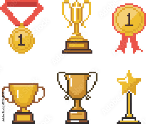 Pixel art winner award vector set, showing golden trophy cup, first place medal and star prize