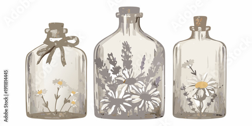 Three decorative glass bottles with floral arrangements inside watercolor style