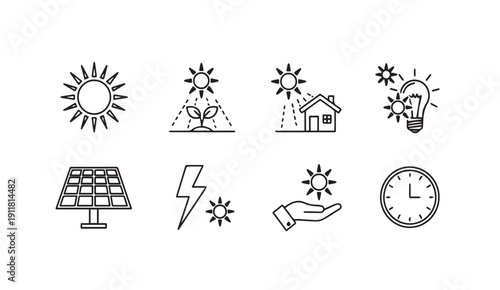 Solar Energy Icons: Sun, Plant Growth, House, Lightbulb, Panel, Lightning, Hand, Clock