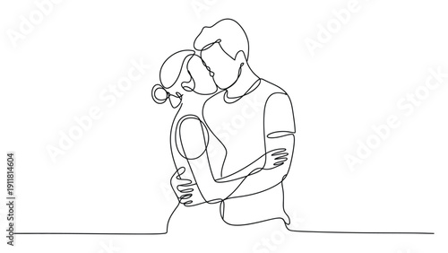 Continuous Line Art Romantic Couple Hugging Minimal Outline Love and Affection Concept Vector Illustration