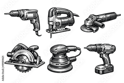 Vintage electric tools engraving set, antique power equipment sketch in woodcut style