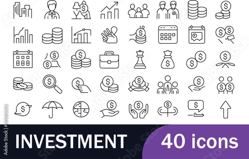 Investment line icon set, finance and wealth management outline symbols, stock market growth, banking services, savings and profit, business analytics, revenue strategy, editable vector collection