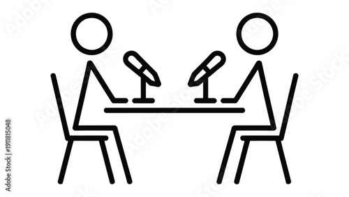 Podcast Interview Line Icon Two People Recording Conversation with Microphones Minimal Outline Vector Illustration