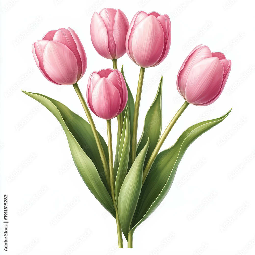 Obraz premium A delicate bouquet of pink tulips on a white background creates an atmosphere of spring and romance. Perfect for a gift or interior decoration.