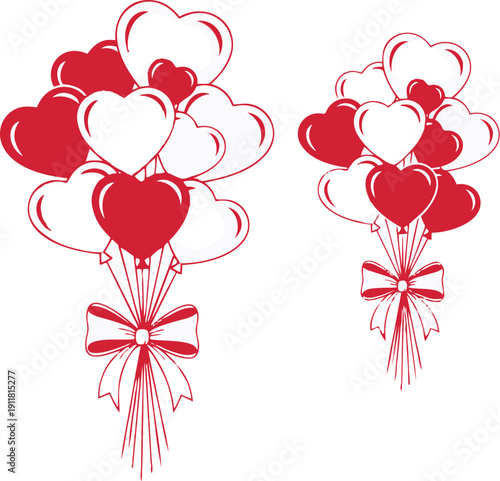 Red and white heart shaped balloons tied with ribbons