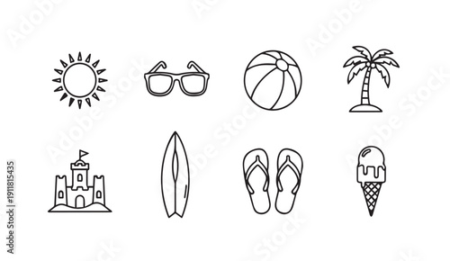 Summer Beach Icons Set: Sun, Sunglasses, Ball, Palm Tree, Sandcastle, Surfboard, Flip Flops, Ice Cream