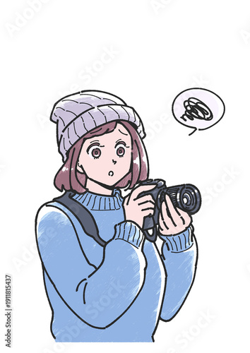 カメラを持ち、困り顔の女性のイラスト