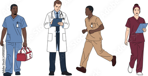 Diverse healthcare professionals illustration, doctors and nurses working, hospital medical staff characters, modern flat vector design, inclusive clinical teamwork concept