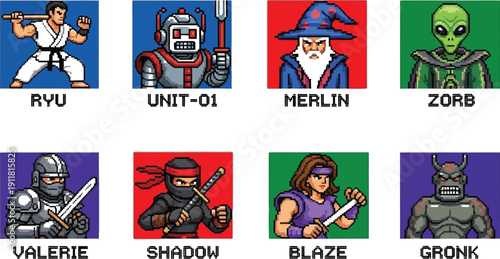 Collection of eight distinct retro arcade style fighter characters presented in a selection grid format featuring martial artists a robot a wizard an alien and monstrous figures