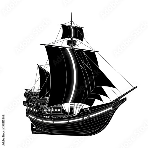 Illustration of a classic sailing ship with black sails on white.