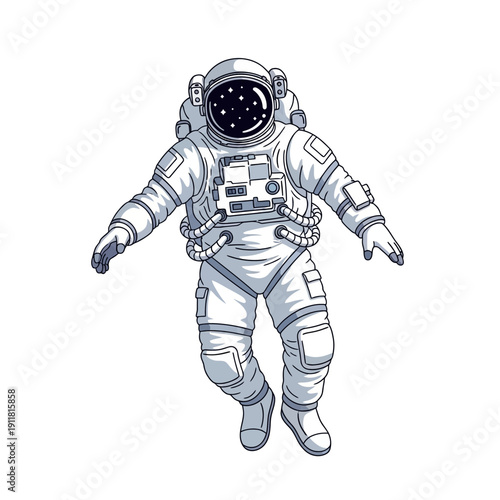Astronaut floating in space with stars reflected in visor illustration.