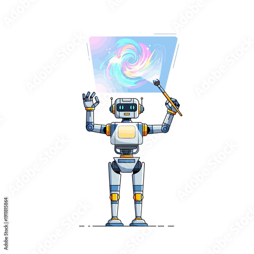 Robot artist creating a colorful abstract painting with a brush.