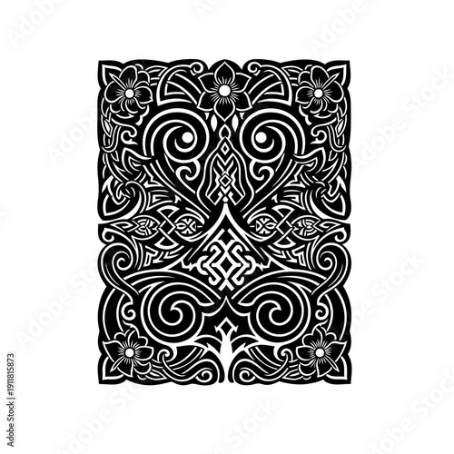 Intricate black and white floral pattern design with swirls and decorative elements.
