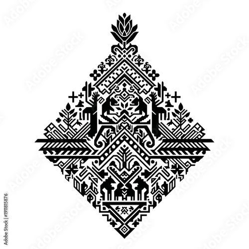 Intricate Black and White Ethnic Ornament Design with Geometric and Animal Motifs.
