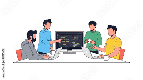Team of programmers collaborating on a software development project, working together on coding and problem-solving.