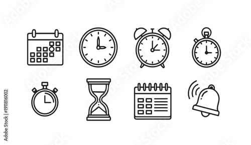Time Icons Collection: Calendar, Clocks, Stopwatch, Hourglass, Alarm Bell - Stock Media