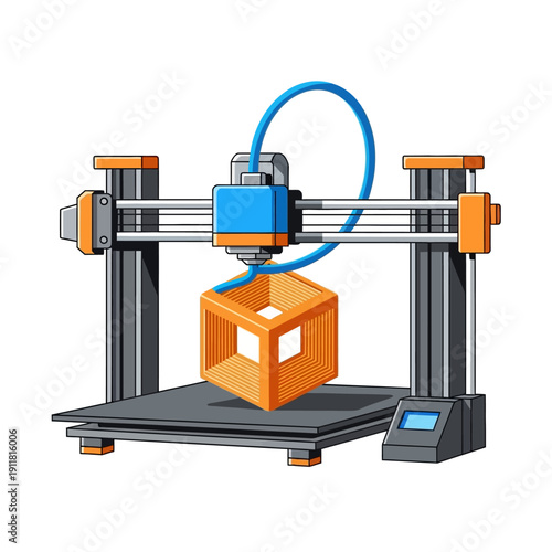 Illustration of a 3D printer creating a cube with an opening, isolated on white.