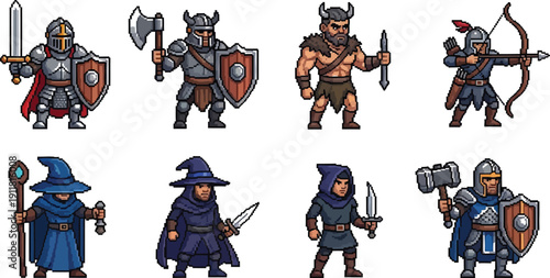 Collection of eight distinct pixel art fantasy characters including armored knights archers barbarians wizards and stealthy rogues ready for adventure