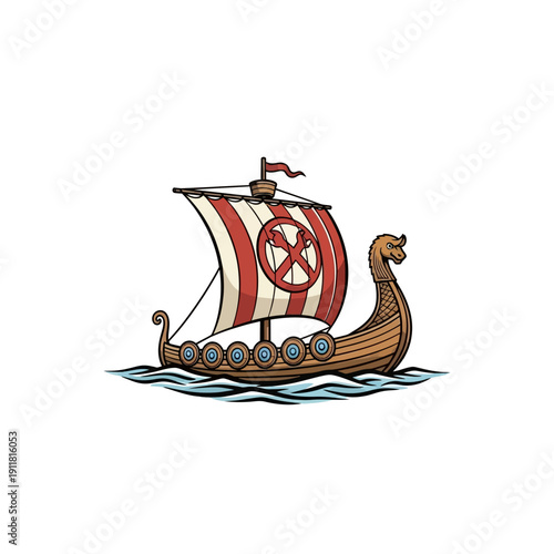 Illustration of a Viking ship sailing on the water with a striped sail.