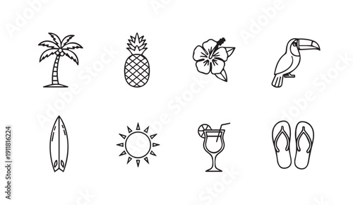 Tropical Summer Icons: Palm Tree, Pineapple, Flower, Toucan, Surfboard, Sun, Cocktail, Flip Flops