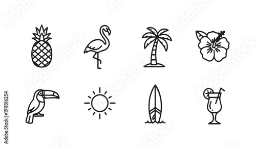 Tropical Summer Icons: Pineapple, Flamingo, Palm Tree, Toucan, Sun, Surfboard, Cocktail, Flower