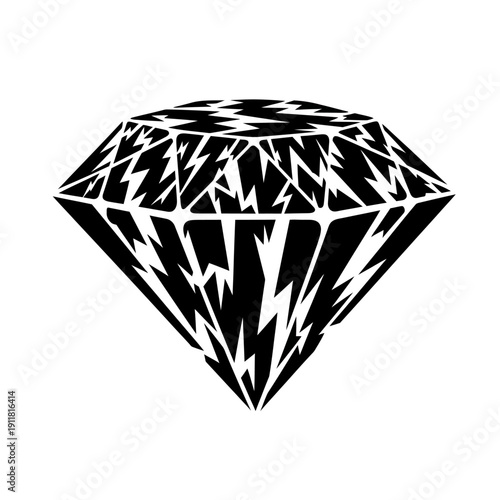 Abstract Diamond Silhouette with Lightning Bolt Facets, Black and White Gemstone Icon