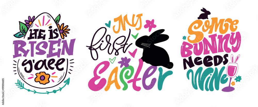 Fototapeta premium Happy Easter - hand drawn doodle lettering art. Sticker set. Mug print. Egg hunting.Vector illustration. Templates for banners, posters, greeting postcards.