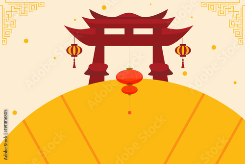 Flat Vector Illustration Traditional Chinese Gate with Lanterns and Golden Ornament Background