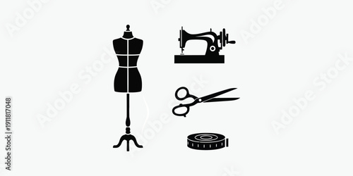 Fashion design elements including mannequin, sewing machine, scissors, and ribbon arranged neatly