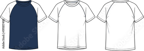 Raglan sleeve t shirt mockup vector template, front and back view, blank sporty baseball tee design illustration isolated