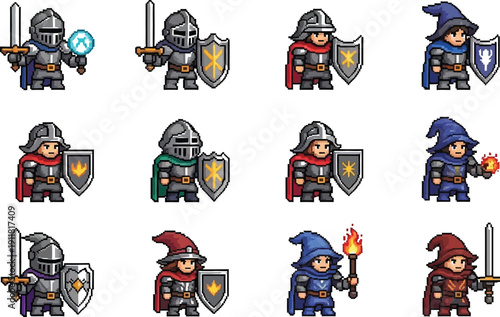 Collection of twelve distinct pixel art fantasy warrior and wizard character sprites featuring various armor colors and equipment for game development projects.
